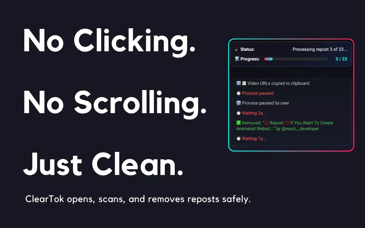 Screenshot of the ClearTok dashboard with export of deleted repost URLs and background cleanup options.